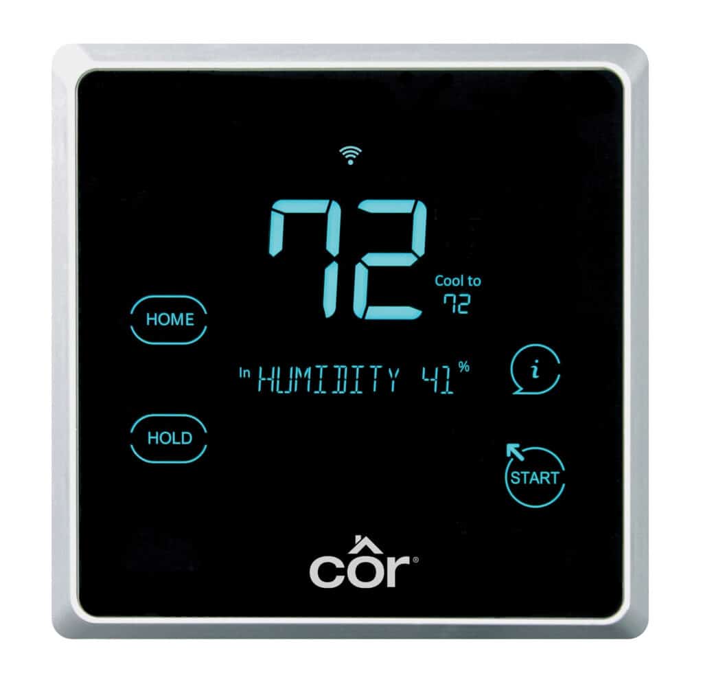 cor programmable thermostat with blue digital digits and a black screen, square