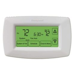 Honeywell 7-day programmable thermostat with black digits on green screen with white casing
