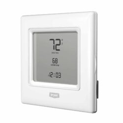 Bryant preferred programmable thermostat with black digital numbers on gray screen with white casing