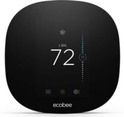 ecobee smart thermostat that is black with white numbers on with a white background