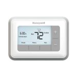 Honeywell programmable thermostat with black digital numbers on blue screen with gray buttons and white casing