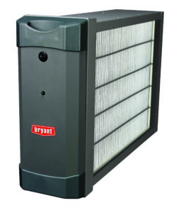 bryant air purifier with white filter and gray casing that improves indoor air quality