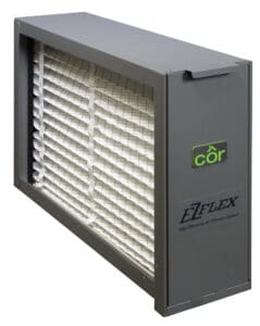 white high efficiency air filter with gray casing used to improve indoor air quality