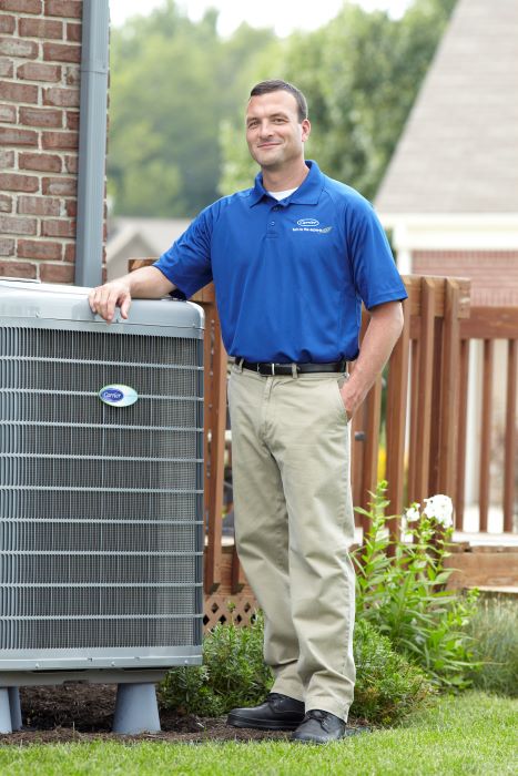 hvac technician standing next to air conditioner
